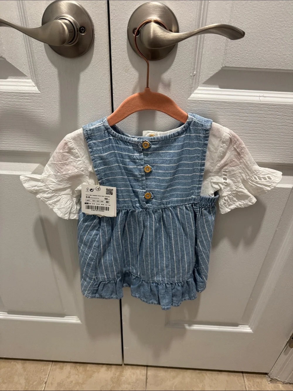 Blue Striped Linen Girls' Dress With White Top With Eyelet Sleeves Top Is 3-6M